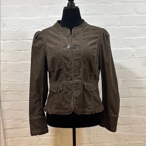 Brown Utility Jacket with Double Button Closure and Ruffle Detail - Size 12